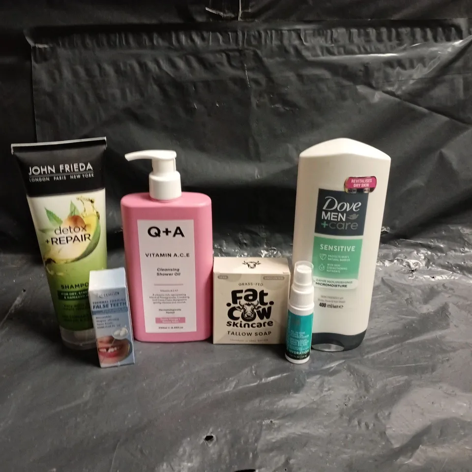 APPROXIMATEY 20 ASSORTED HEALTH AND BEAUTY PRODUCTS TO INCLUDE - DOVE MEN SENSITIVE BODY WASH - Q & A CLEANSING SHOWER OIL AND FAT COW SKINCARE TALLOW SOAP BAR