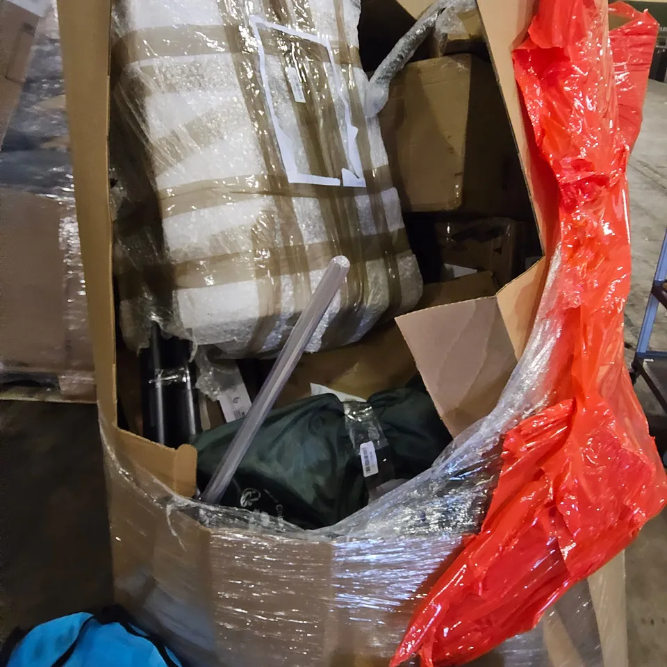 PALLET OF ASSORTED ITEMS TO INCLUDE, EXCERCISE MATS, COOL BAG, BALLOON ARCH KIT, BAMBOO SHOE RACK, CUSHION.