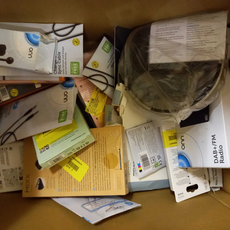 BOX OF APPROXIMATELY 20 ASSORTED ELECTRICAL ITEMS TO INCLUDE BLACKWEB WIRELESS CHARGING PAD, MIXX 0X1 ON EAR WIRED HEADPHONES, ASDA TECH TRUE WIRELESS EARBUDS, ETC