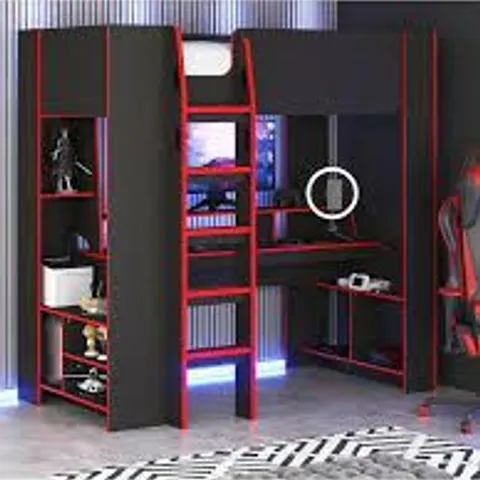 BOXED FENNER HIGH SLEEPER GAMING BED WITH DESK AND SHELVES (3 BOXES)
