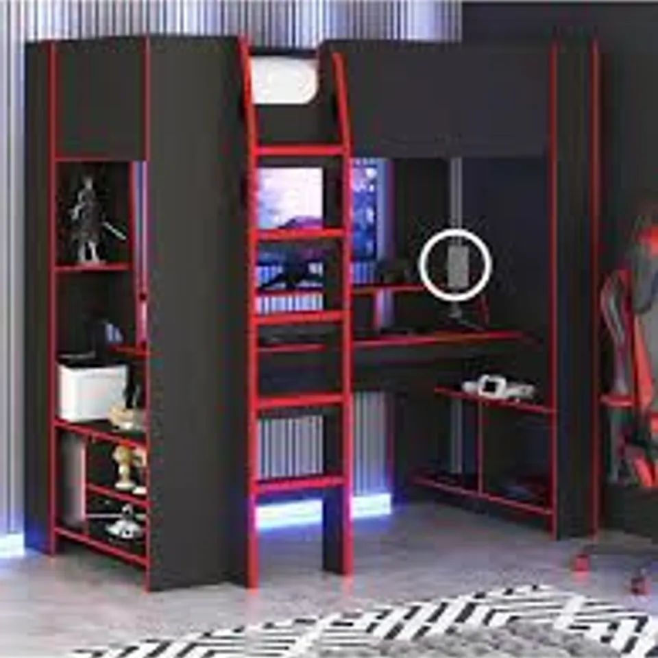 BOXED FENNER HIGH SLEEPER GAMING BED WITH DESK AND SHELVES (3 BOXES)
