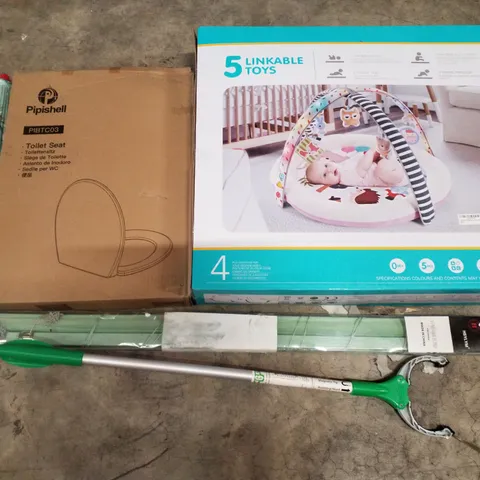 PALLET CONTAINING ASSORTED PRODUCTS INCLUDING TOILET SEAT, BABY LIGHT & MUSIC GYM, VENETIAN BLIND, HANDHELD PARASOL & GRABBER