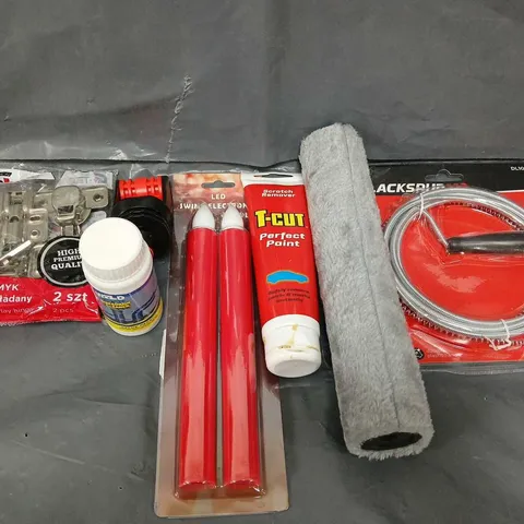 TOTE OF ASSORTED HOUSEHOLD ITEMS TO INCLUDE PAINT ROLLER, LED CANDLES AND HINGES