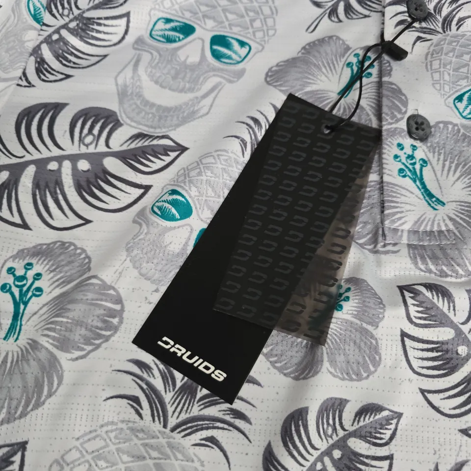 DRUIDS PINEAPPLE POLO SHIRT – WHITE TEAL – SIZE S