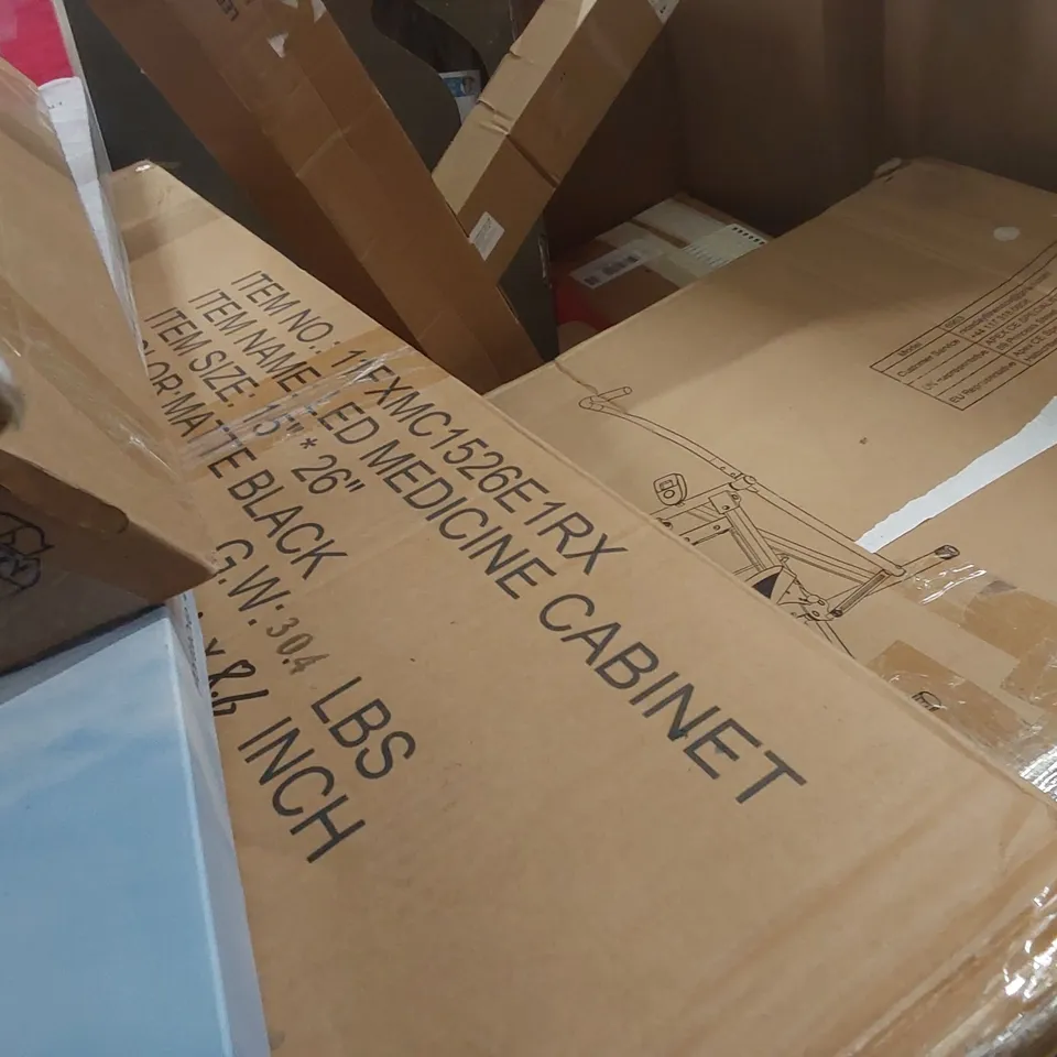PALLET OF ASSORTED ITEMS INCLUDING: FHD 24" MONITOR, LED MEDICINE CABINET, STAIR STEPPER, AIRCOOLER, REVERSE OSMOSIS WATER FILTRATION SYSTEM ECT