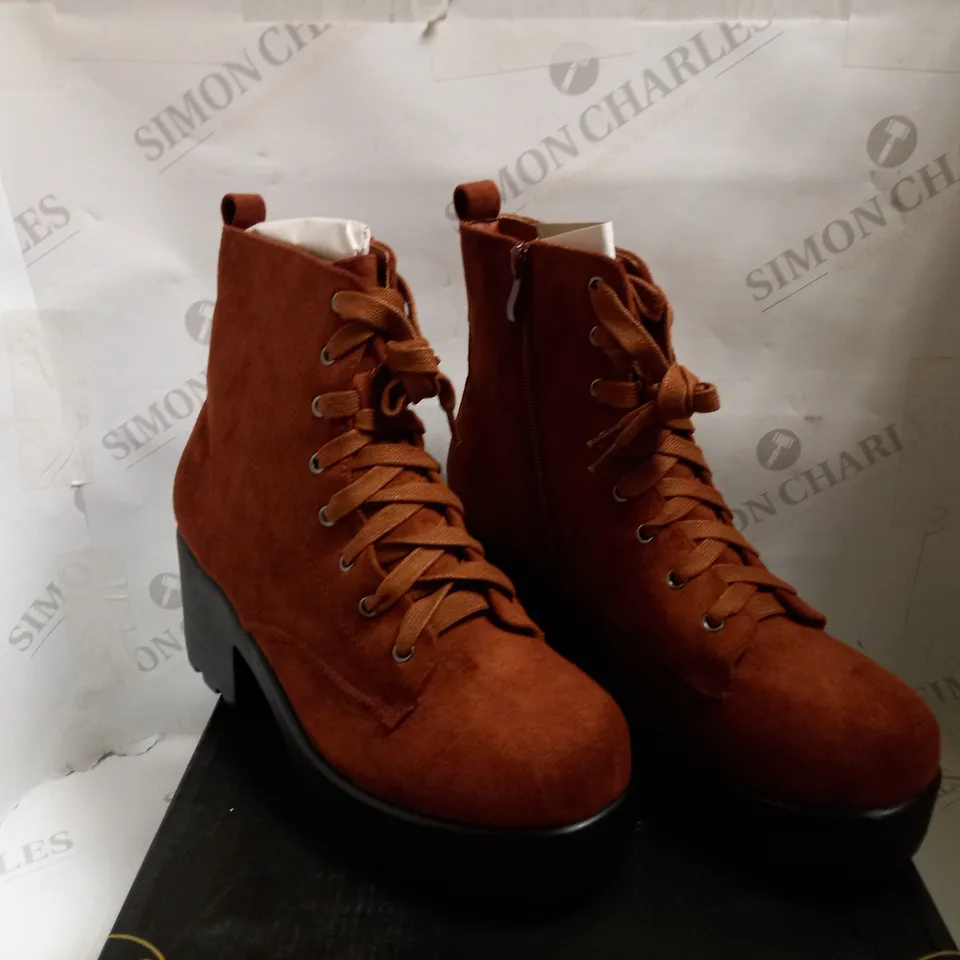 KOI VEGAN THE SIENNA RUST SUEDE BOOTS - SIZE 8