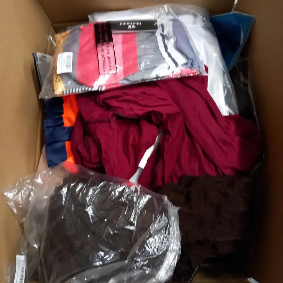 BOX OF APPROX 35 ASSORTED CLOTHING ITEMS TO INCLUDE - DRESSES, T-SHIRTS AND TROUSERS