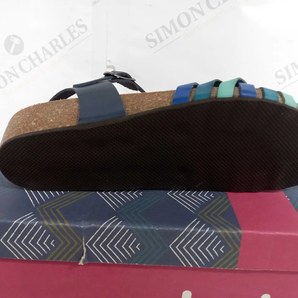BOXED PAIR OF MOSHULU -'YANTLET' STRAPPY LOW WEDGE SANDALS - INDIGO - SIZE: 6