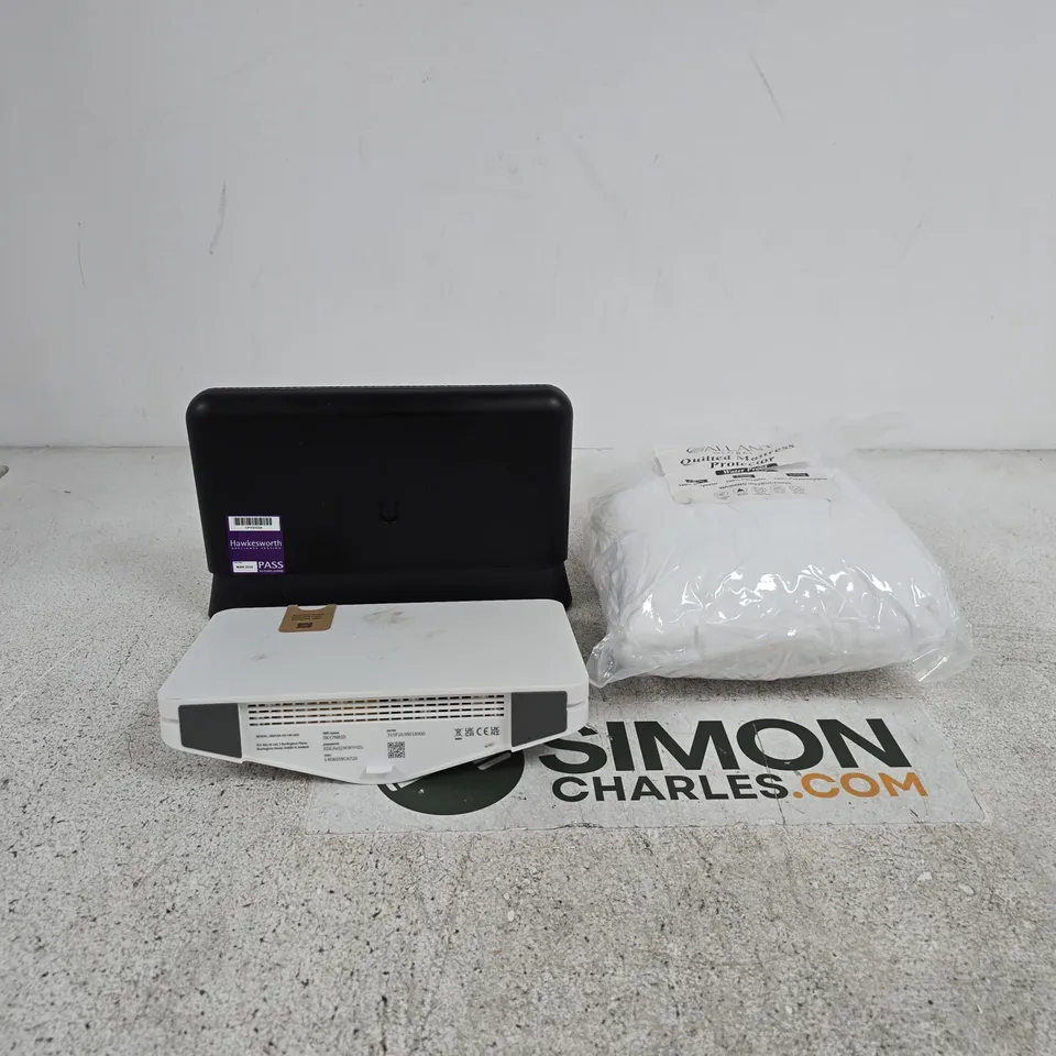BOX OF APPROXIMATELY 20 ASSORTED HOUSEHOLD ITEMS TO INCLUDE ROUTERS, MATTRESS PROTECTOR ETC