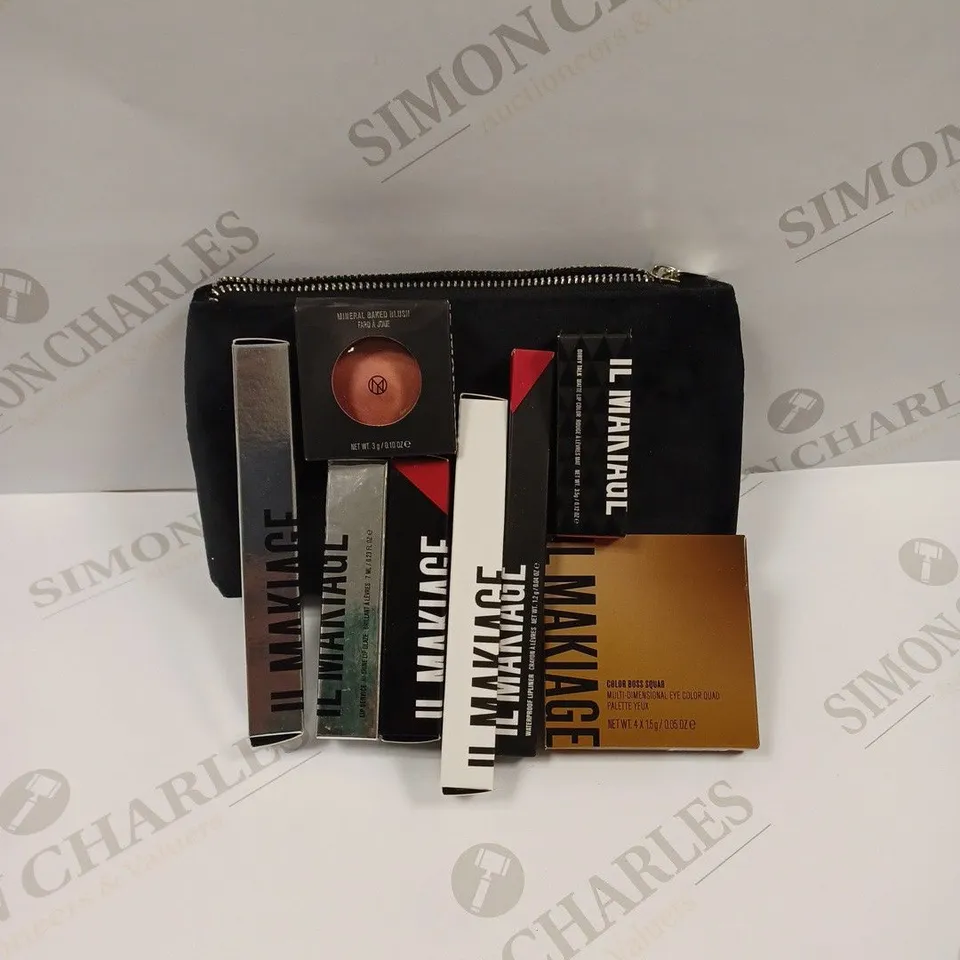 LOT OF 2 MAKEUP PRODUCTS TO INCLUDE IL MAKIAGE MAKEUP BAG WITH ASSORTED BEAUTY PRODUCTS AND MAKEUP BRUSH SET