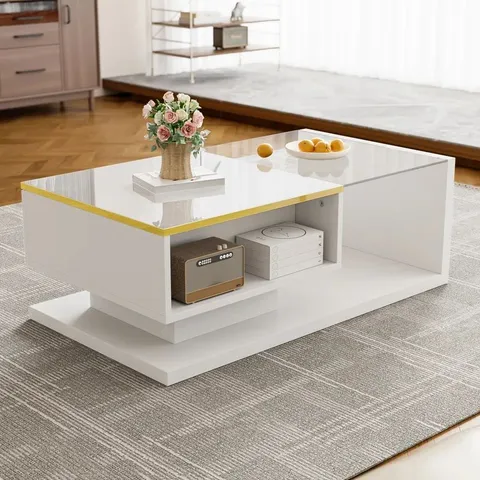BOXED MODERN LED COFFEE TABLE - HIGH - GLOSS WHITE WITH TEMPERED GLASS