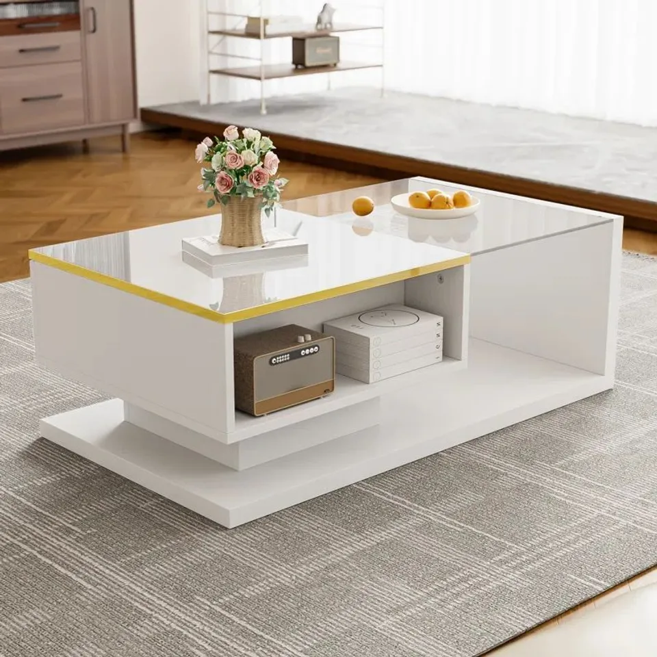 BOXED MODERN LED COFFEE TABLE - HIGH - GLOSS WHITE WITH TEMPERED GLASS