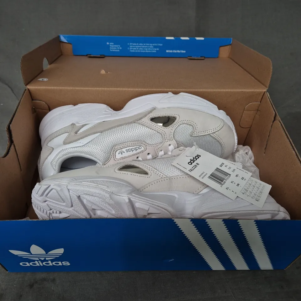 BOXED PAIR OF ADIDAS WOMEN'S FALCON SHOES IN WHITE/OFF WHITE UK SIZE 5.5