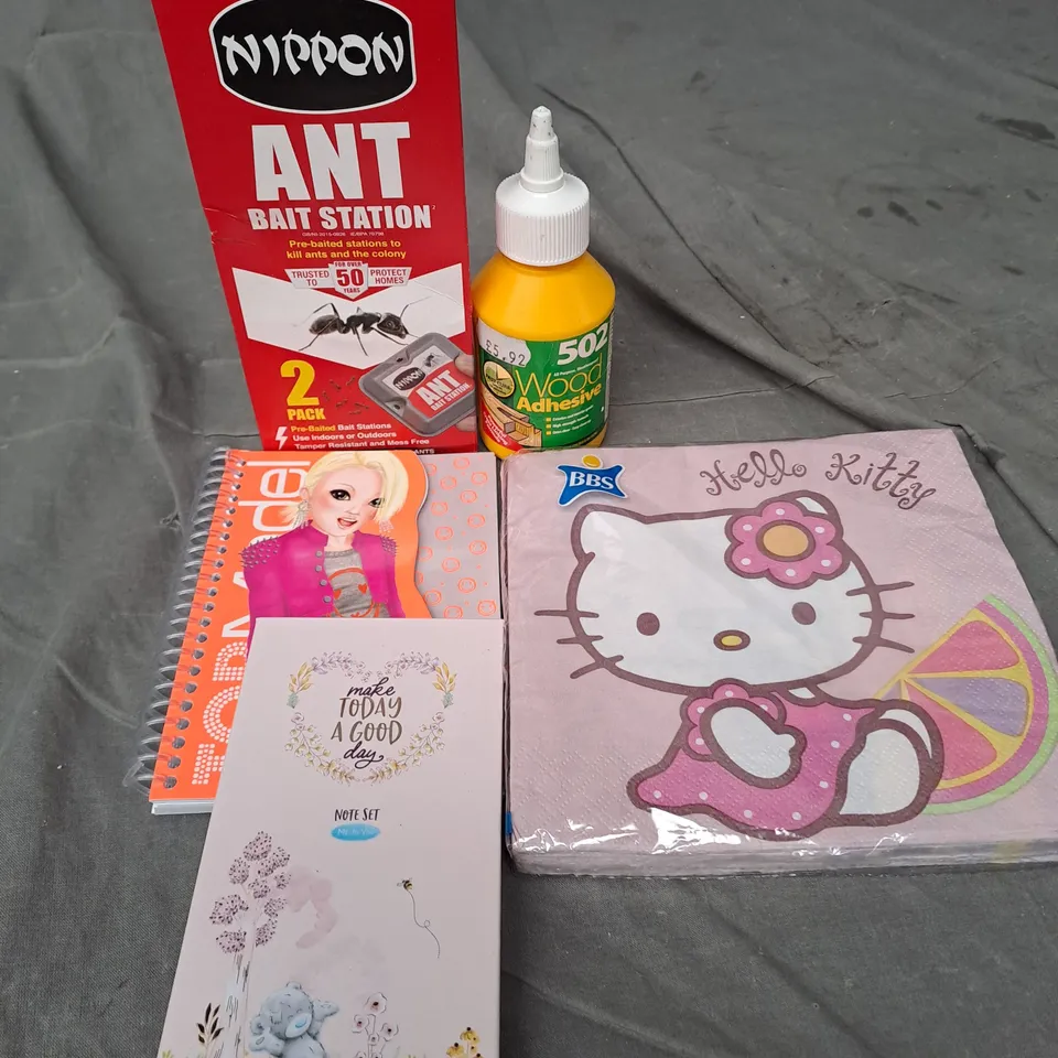 APPROXIMATELY 15 ASSORTED HOUSEHOLD PRODUCTS TO INCLUDE NIPPON ANT BAIT STATION, HELLO KITTY NAPKINS AND ME TO YOU STICKY NOTES