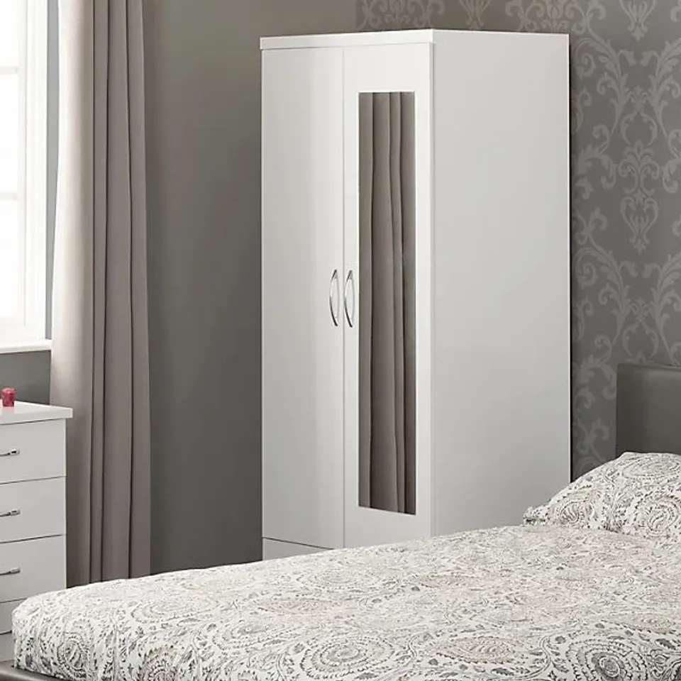 BOXED NEVADA MIRRORED 2 DOOR 1 DRAWER WARDROBE WHITE GLOSS (2 BOXES)