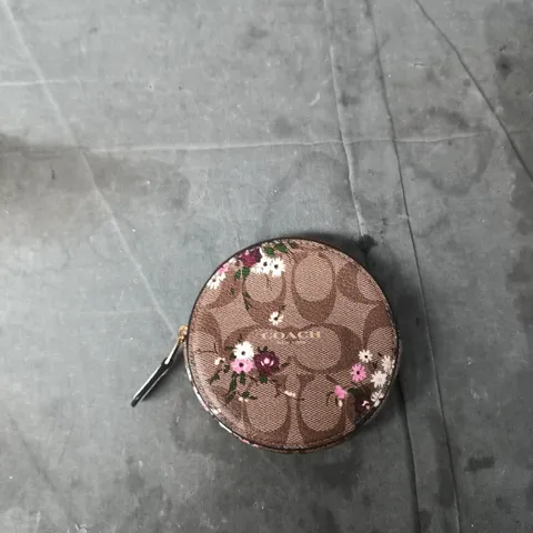 COACH CIRCLE COIN PURSE – BROWN SIGNATURE CANVAS WITH FLORAL PRINT (NEW YORK)