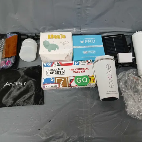 APPROXIMATELY 10 ASSORTED HOUSEHOLD ITEMS TO INCLUDE - CAMBRIDGE PRO MASK, BRONTO LIGHT, AND THEORY TEST PASS KIT ETC. 