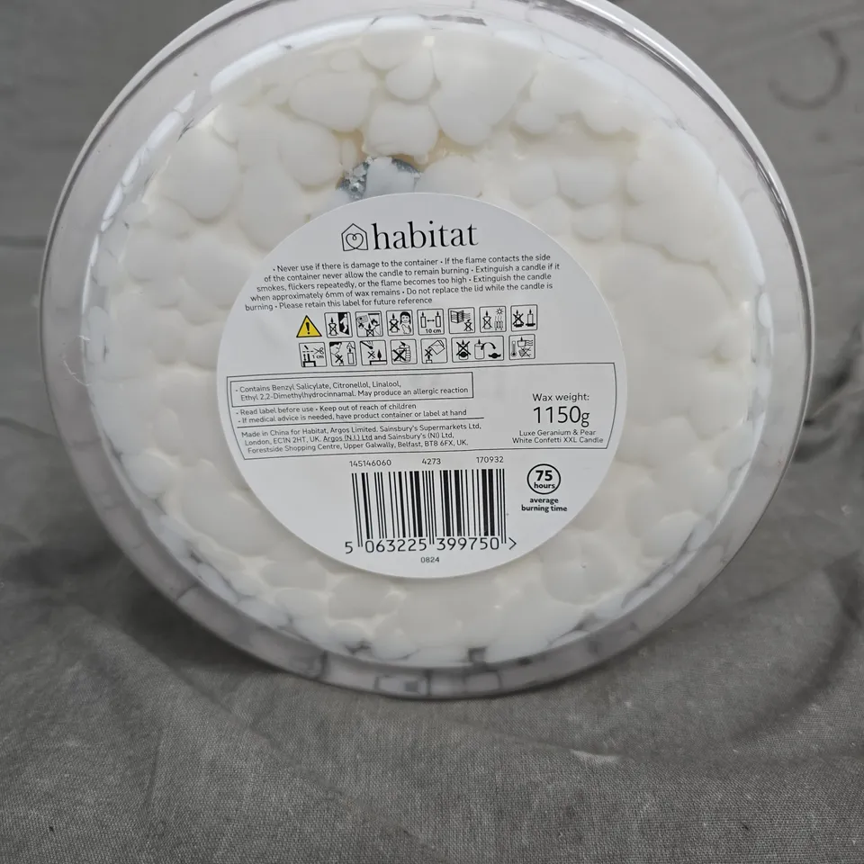 HABITAT WHITE JAR CANDLE – 1150G WAX WEIGHT (WITH LID) (LUXE GERANIUM & PEAR)