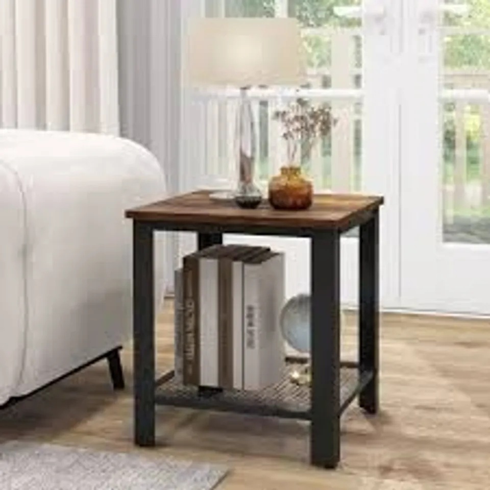 BOXED 2-TIER END TABLE SQUARE SOFA SIDE TABLE WITH MESH SHELF-RUSTIC BROWN