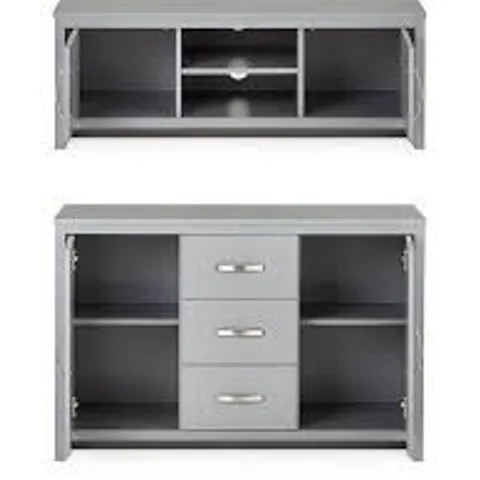 BOXED ELY 2 PIECE PACKAGE - 2 DOOR, 3 DRAWER SIDEBOARD AND TV UNIT - FITS UP TO 43 INCH TV - GREY (2 BOXES)