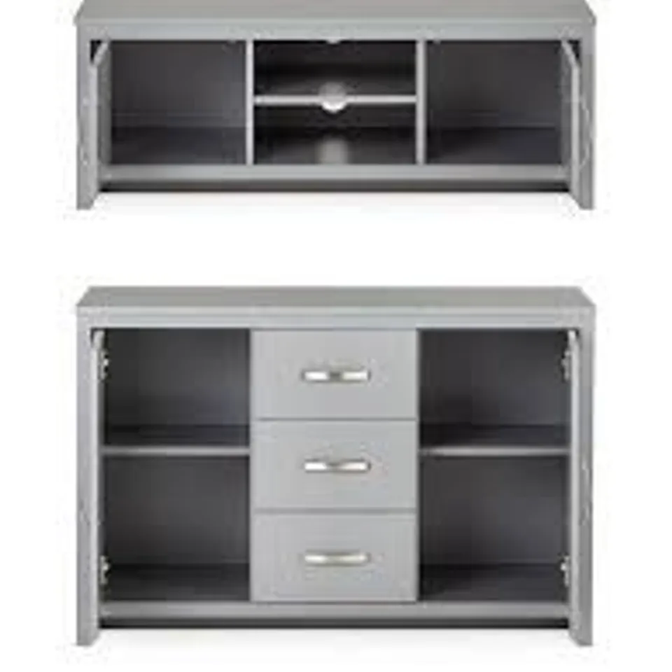 BOXED ELY 2 PIECE PACKAGE - 2 DOOR, 3 DRAWER SIDEBOARD AND TV UNIT - FITS UP TO 43 INCH TV - GREY (2 BOXES) RRP £499