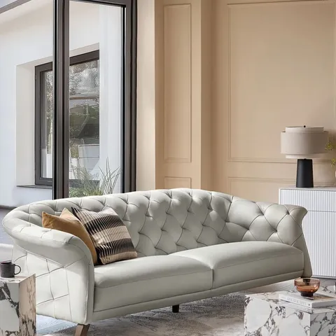 BOXED DANETTI LUXE NATURAL GREY LEATHER WITH DARK WOOD 3 SEATER SOFA