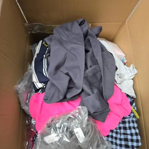 LARGE BOX OF ASSORTED CLOTHING ITEMS IN VARIOUS SIZES, STYLES AND COLOUR 