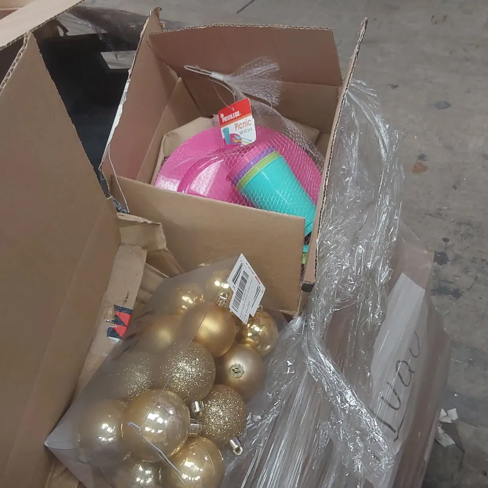 PALLET TO CONTAINING A VERY LARGE QUANTITY OF ASSORTED ITEMS INCLUDING: CHRISTMAS BAUBLES, COLLAPSIBLE HOUSEHOLD BUCKET, SHAPE SORTER BUS, PICNIC DINING SET ECT