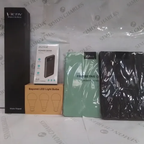 BOX OF ASSORTED ELECTRICAL GOODS TO INCLUDE;VICTIV TRIPOD, CHARMAST POWER BANK, JETECH PROTECTIVE CASE ETC