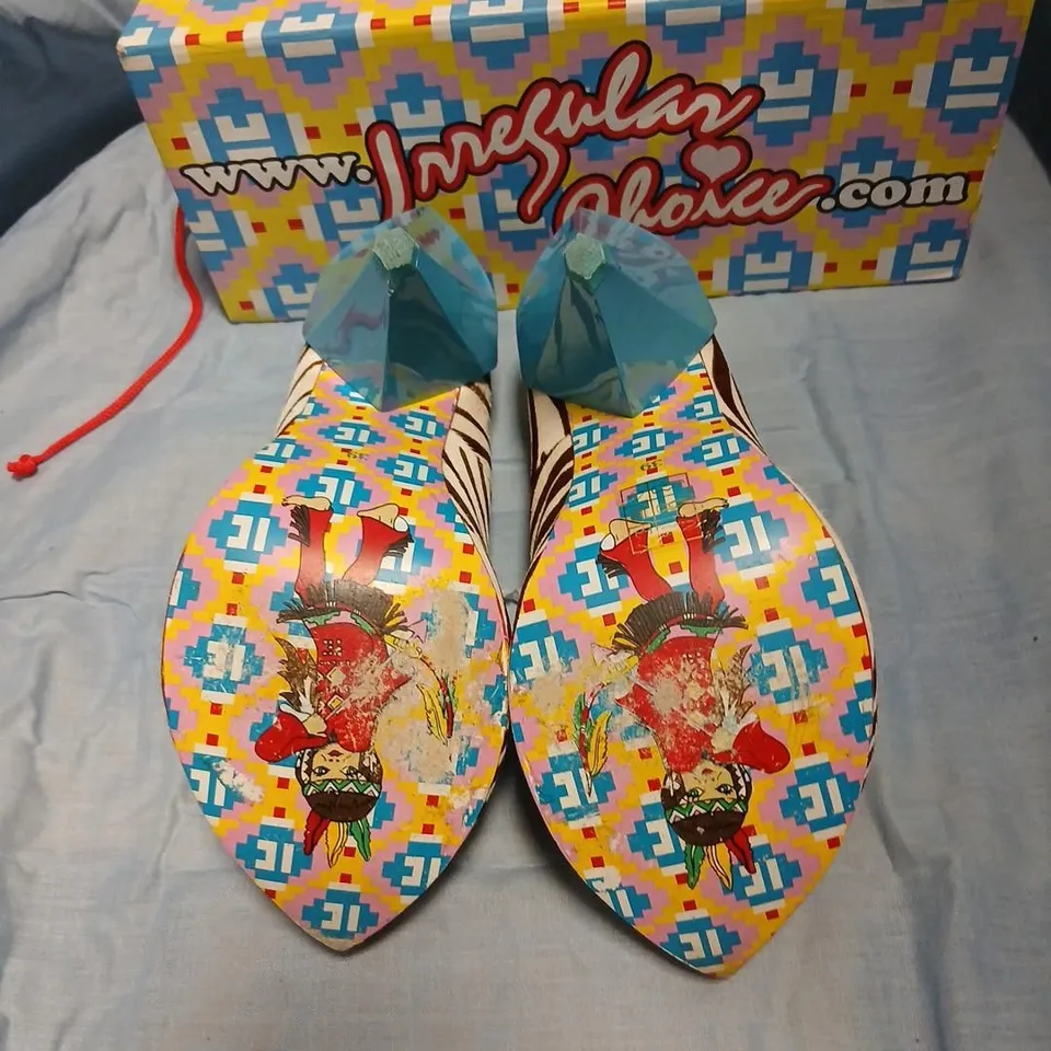 IRREGULAR CHOICE WOMEN'S ZEBRA PRINT HIGH HEEL SHOES – BLUE TOE CAP, RED TASSELS (UK 6.5 / EU 39)