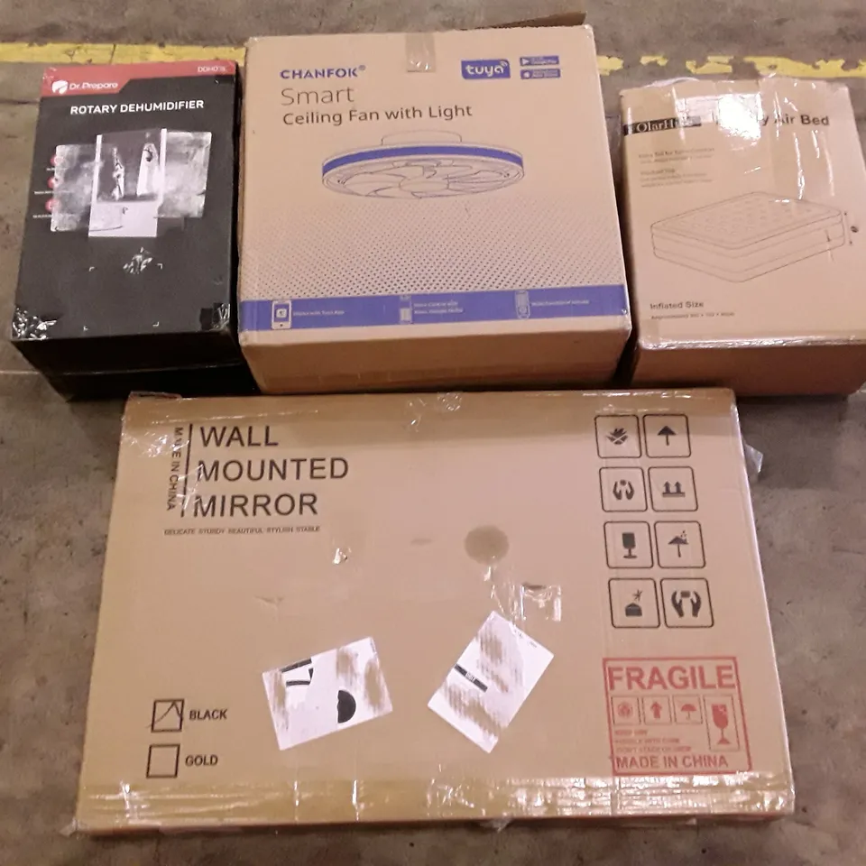 PALLET OF ASSORTED PRODUCTS INCLUDING ROTARY DEHUMIDIFIER, WALL MOUNTED MIRROR, CEILING FAN WITH LIGHT, OLARHIKE LUXURY AIR BED 