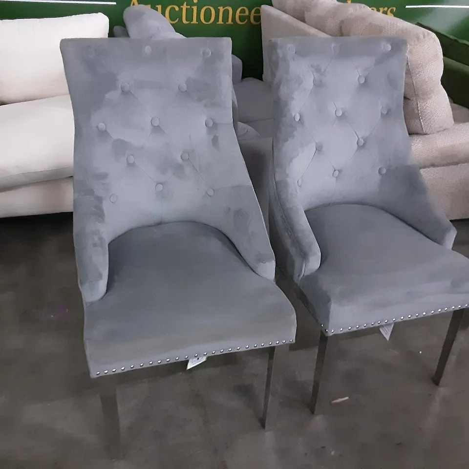 DESIGNER PAIR OF GREY FABRIC DINING CHAIRS WITH METAL LEGS
