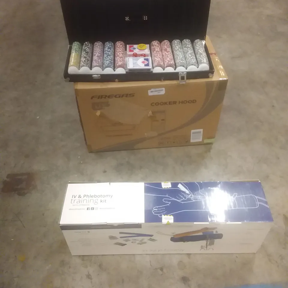PALLET OF ASSORTED HOUSEHOLD PRODUCTS AND ITEMS, INCLUDING; IV & PHLEBOTOMY TRAINING KITS, COOKER HOOD, POKER SET, BOXED FURNITURE ETC 
