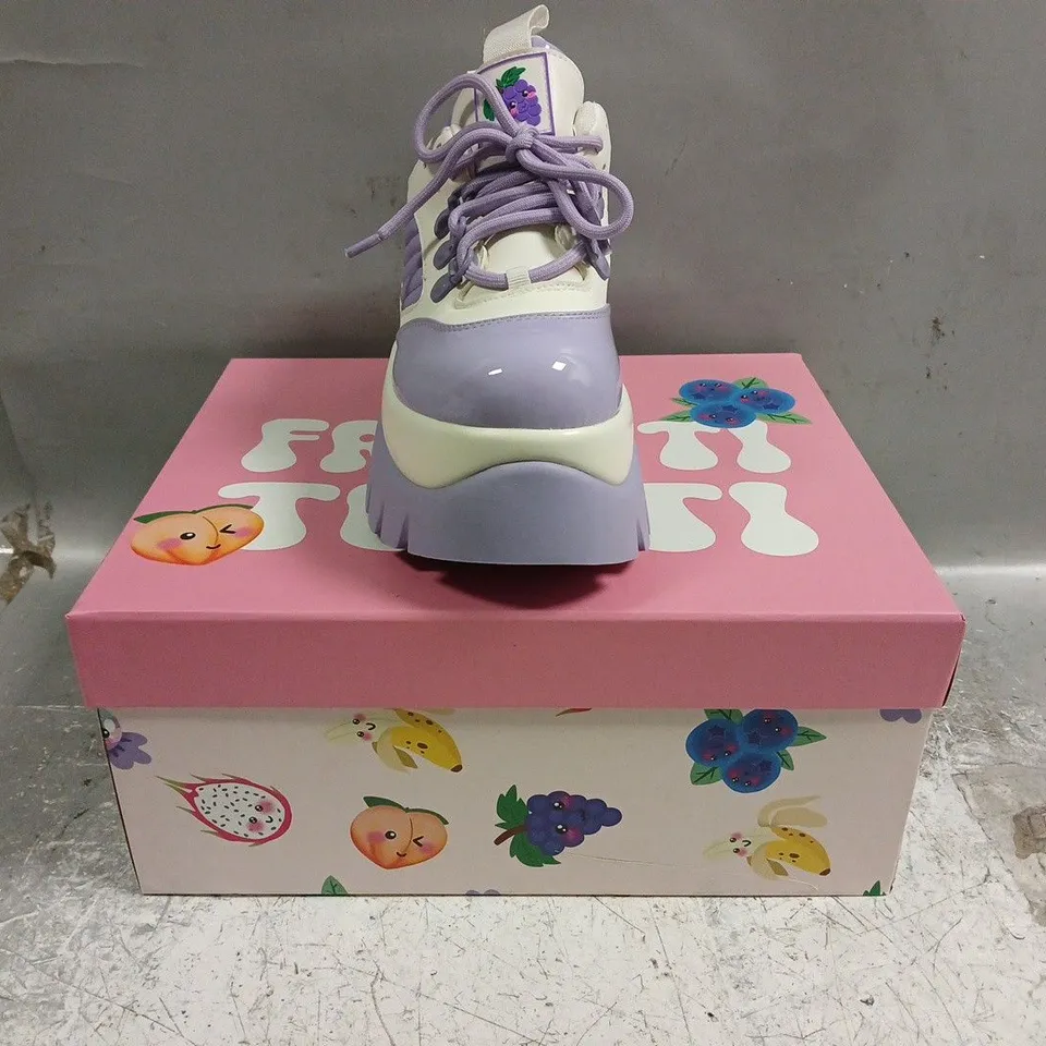 BOXED PAIR OF KOI FRUITTI TUTTI GRAPE JELLY TRAINERS IN PURPLE/WHITE SIZE UK 3