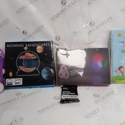 BOX OF APPROX 25 ASSORTED TOYS TO INCLUDE - MOVING SANDSCAPES - CARDS AGAINST HUMANITY 2000S NOSTALGIA - MAGIC GROVE COPYBOOK ECT