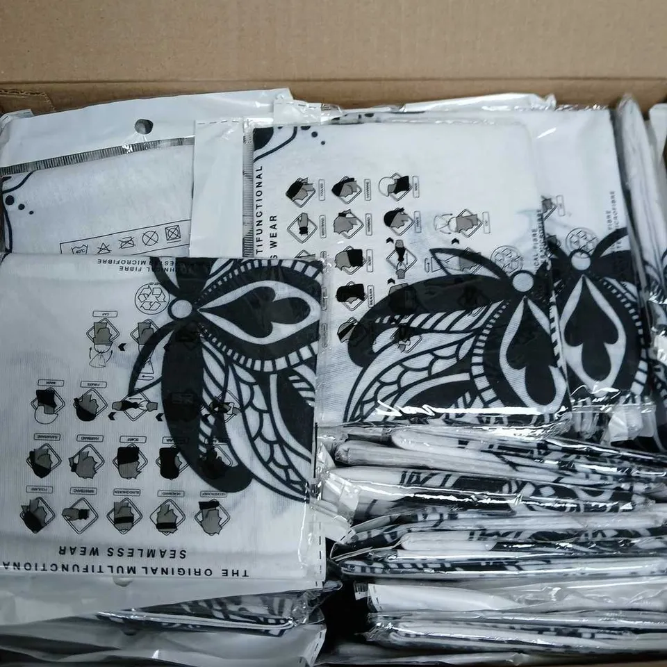 BOX OF APPROXIMATELY 90 THE ORIGINAL MULTIFUNCTIONAL SEAMLESS WEAR - BLACK AND WHITE