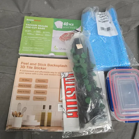 APPROXIMATELY 20 ASSORTED HOUSEHOLD PRODUCTS TO INCLUDE PLASTIC FOOD STORAGE TUBS, BACKSPLASH 3D TILE STICKER, VACUUM SEALER BAGS, ETC - COLLECTION ONLY