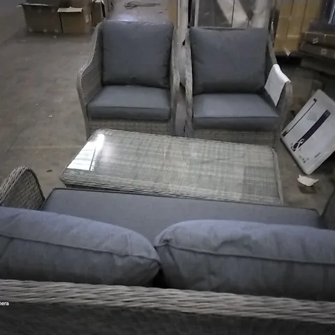 RATTAN EFFECT GARDEN CHAIRS AND TABLE   WITH CUSHIONS 