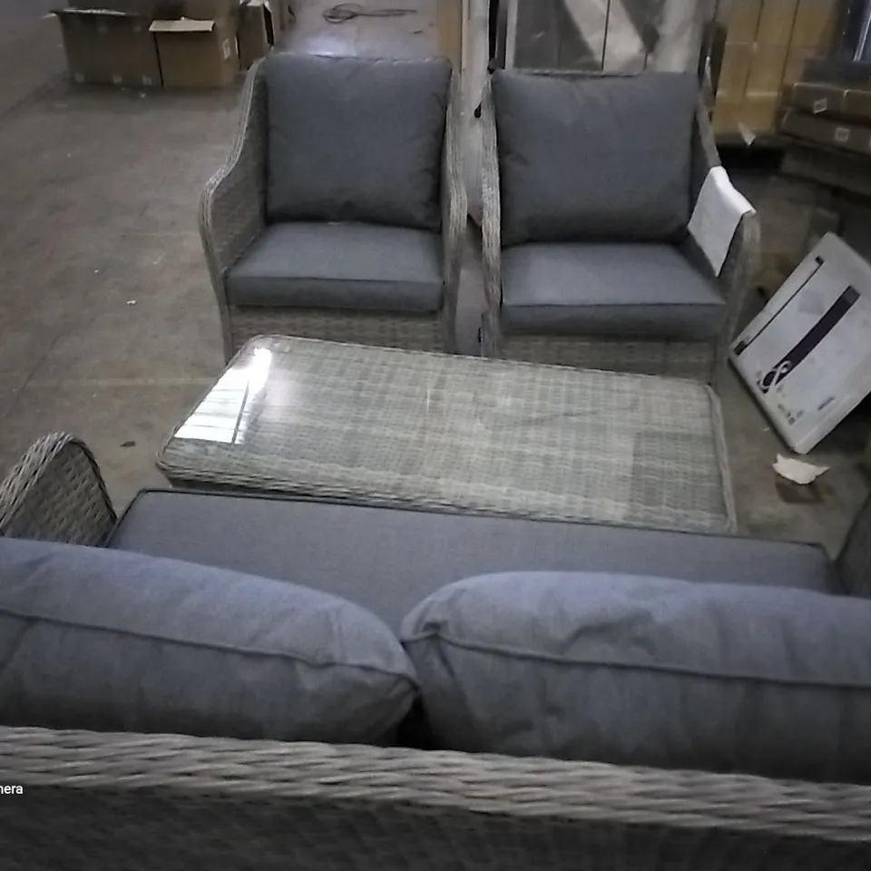 RATTAN EFFECT GARDEN CHAIRS AND TABLE   WITH CUSHIONS 