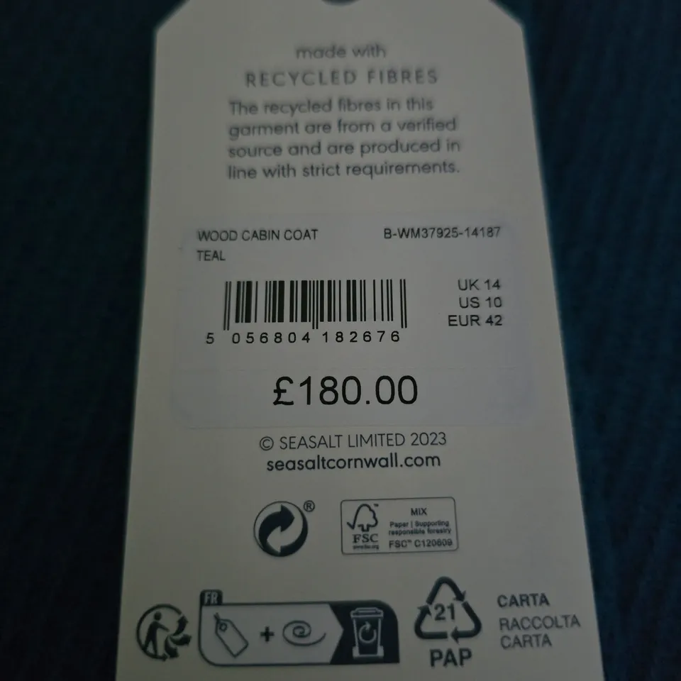 SEASALT CORNWALL WOOD CABIN COAT – TEAL, UK 14