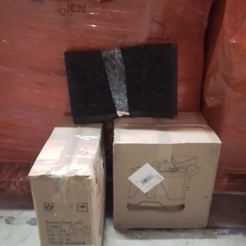 PALLET OF ASSORTED HOUSEHOLD GOODS AND PRODUCTS TO INCLUDE;MACERATOR PUMP,SPOT CLEANER,DOOR MAT