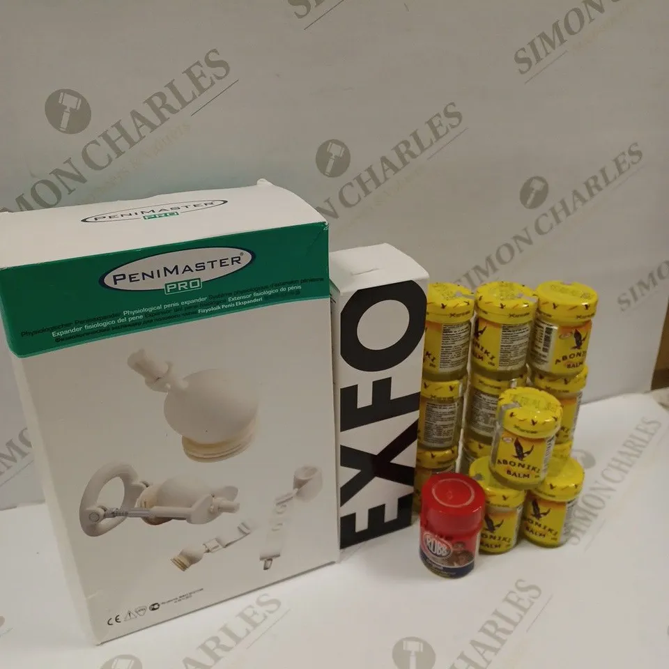 APPROXIMATELY 15 ASSORTED ITEMS TO INCLUDE PENIMASTER PRO PHYSIOLOGICAL PENIS EXPANDER, EXFO CLEANSE, ABONIKI BALM ETC.