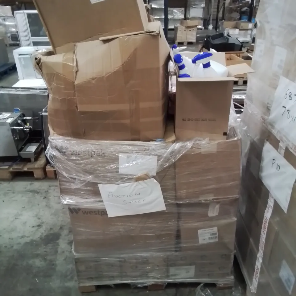 MIXED PALLET OF CLEANING AND COMMERCIAL KITCHEN PRODUCTS TO INCLUDE, SPRAY BOTTLES, MULTI PURPOSE CLOTHS, PAPER TOWEL DISPENSER, COFFEE CUP LIDS, TAKE AWAY FOOD BOXES ETC.