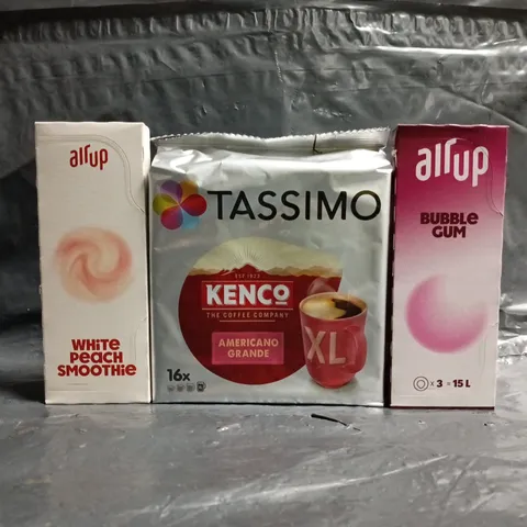 APPROXIMATELY 10 ASSORTED FOOD AND DRINK ITEMS TO INCLUDE AIR UP AROMA PODS, TASSIMO, ETC