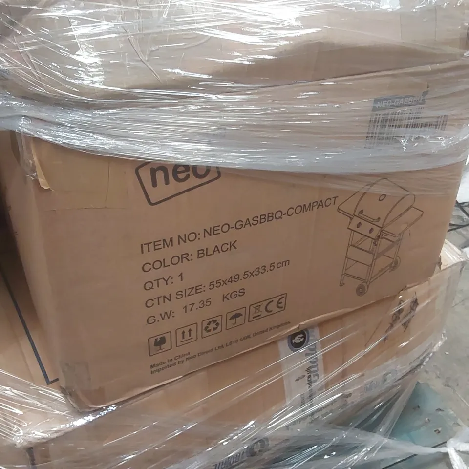 PALLET CONTAINING A LARGE QUANTITY OF ASSORTED NEO ITEMS INCLUDING: SUN LOUNGER, STEAM MOP, TUBE TENTS, BBQ ECT