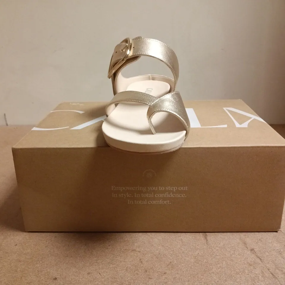BOXED PAIR OF CALLA TOE-POST SANDALS IN METALLIC GOLD SIZE EU 41