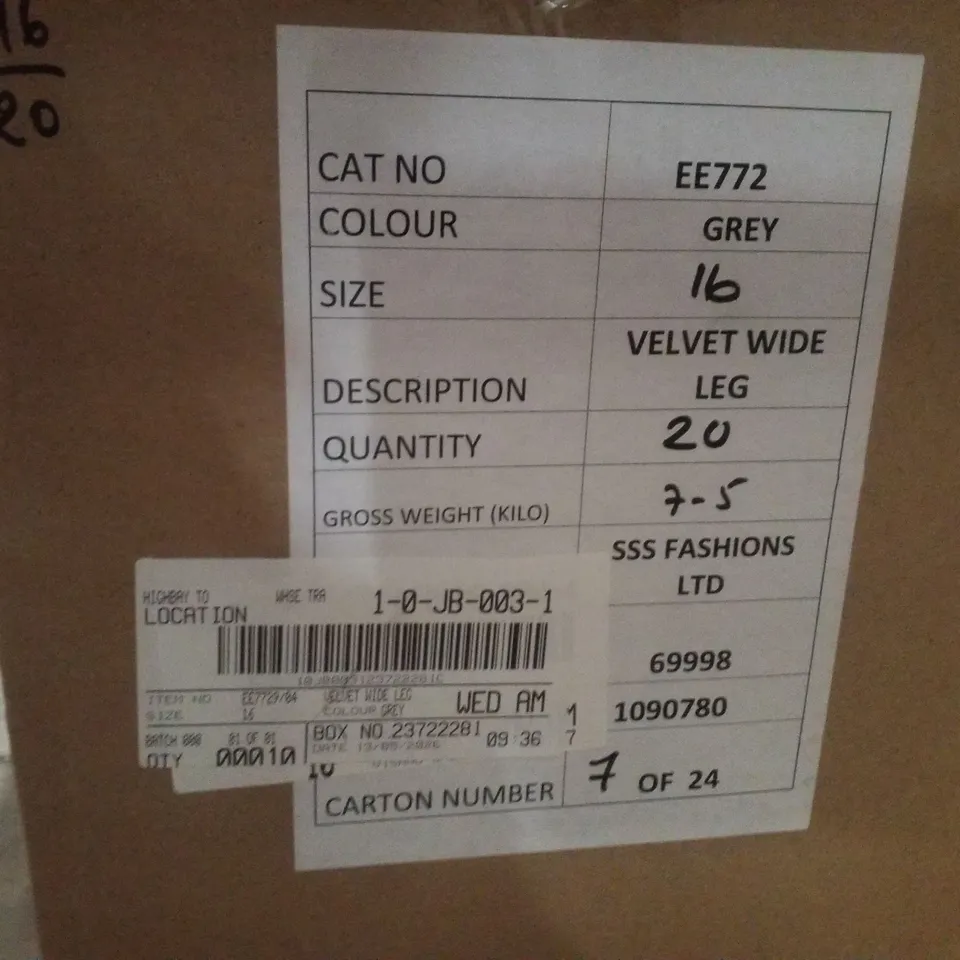 BOX CONTAINING APPROXIMATELY 10 BRAND NEW JD WILLIAMS GREY VELVET WIDE LEG TROUSERS - SIZE 16