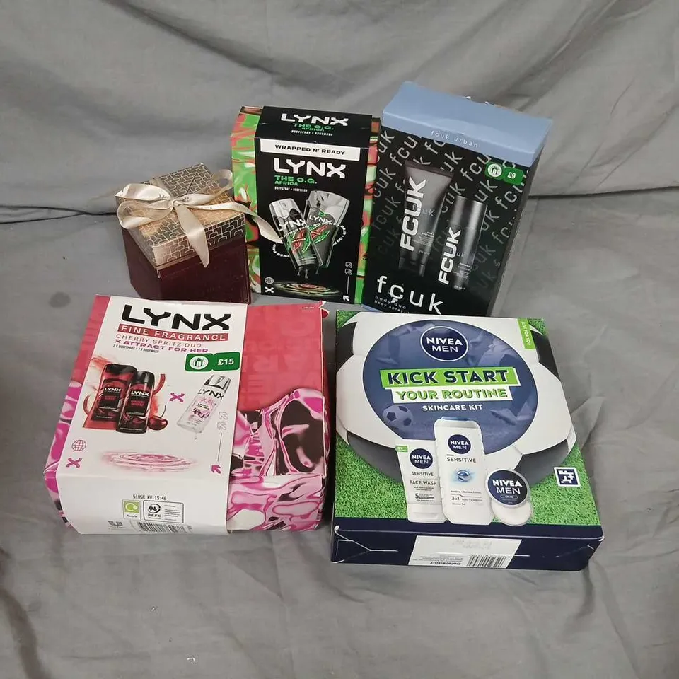 FIVE ASSORTED COSMETIC GIFT SETS TO INCLUDE; LYNX, FCUK AND LAMER