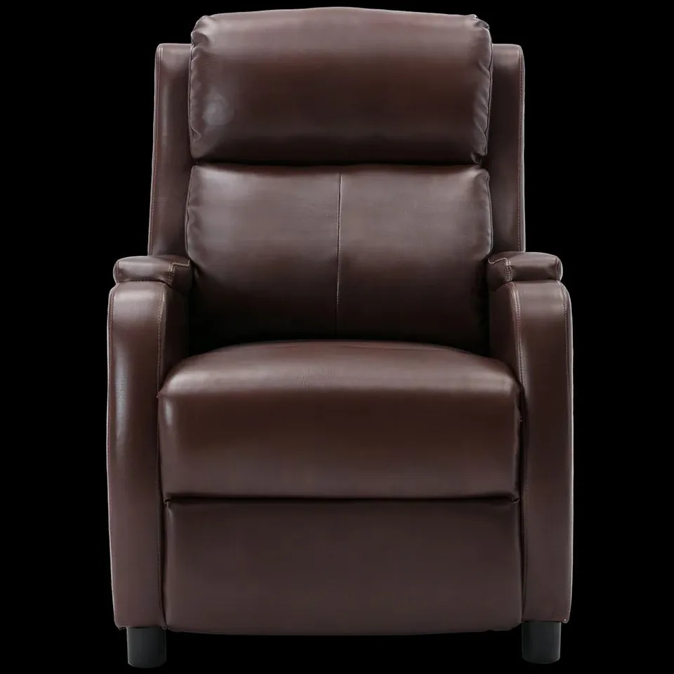 BOXED DESIGNER BROWN LEATHER PUSHBACK RECLINING EASY CHAIR 