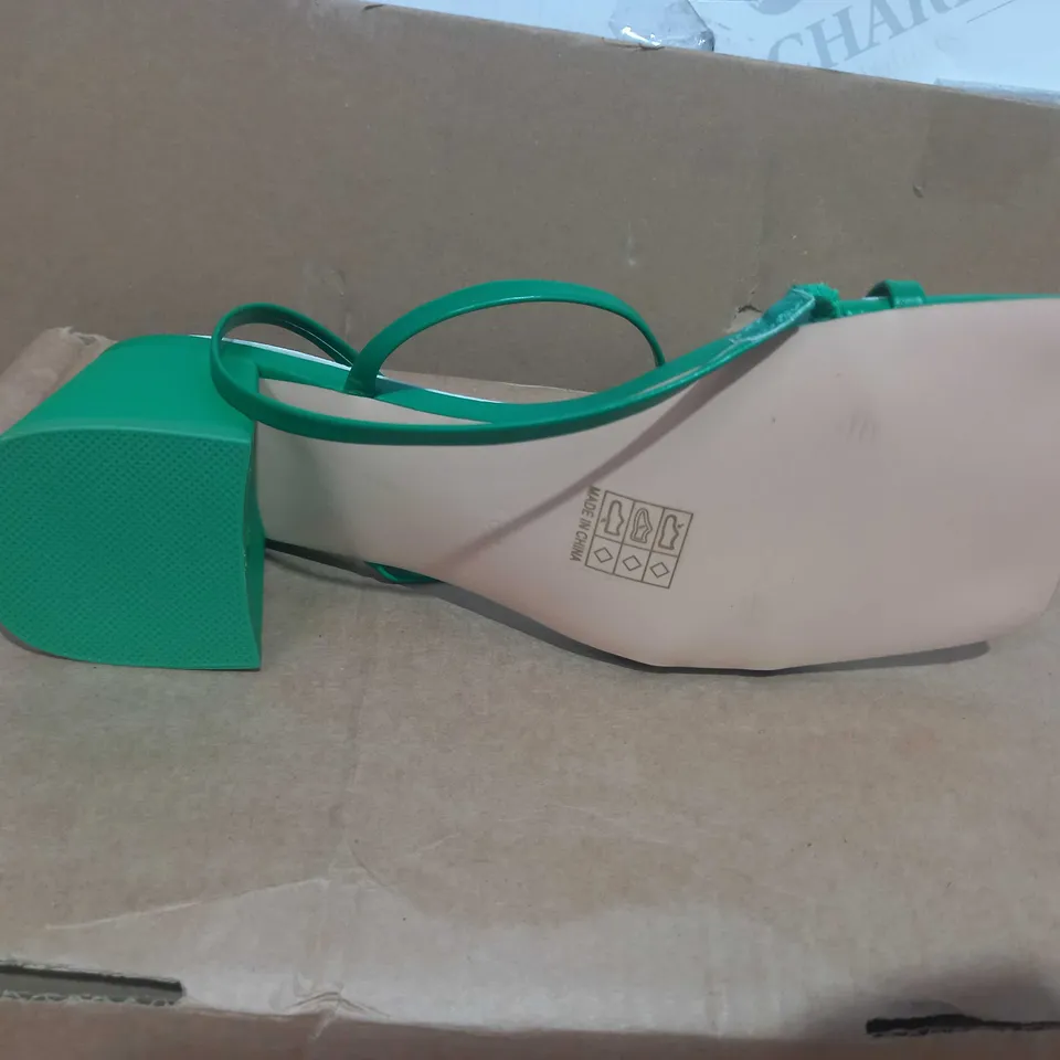 BOXED PAIR OF PUBLIC DESIRE HEELED SANDALS IN GREEN UK 6SIZE 